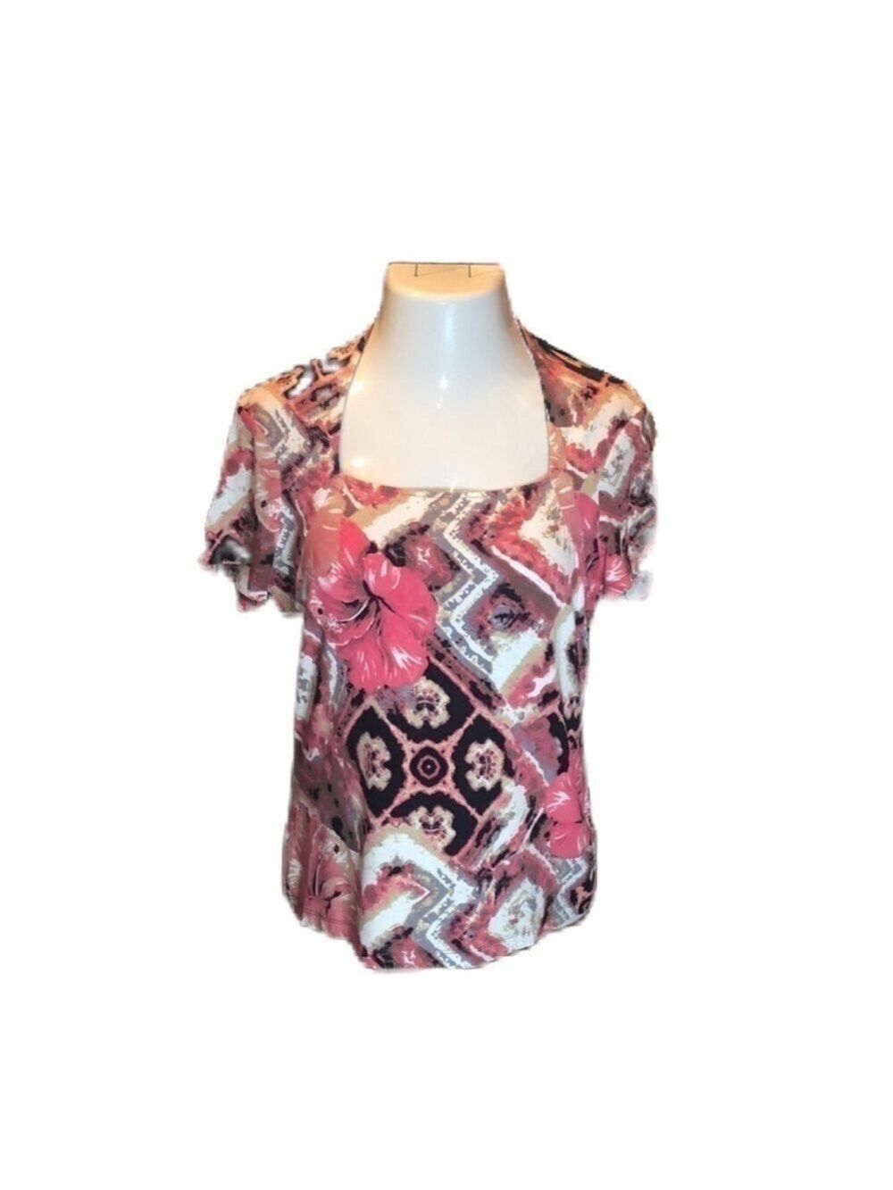 TRIBELLA Fantastic Rose & Black Print Bling Top! Size L